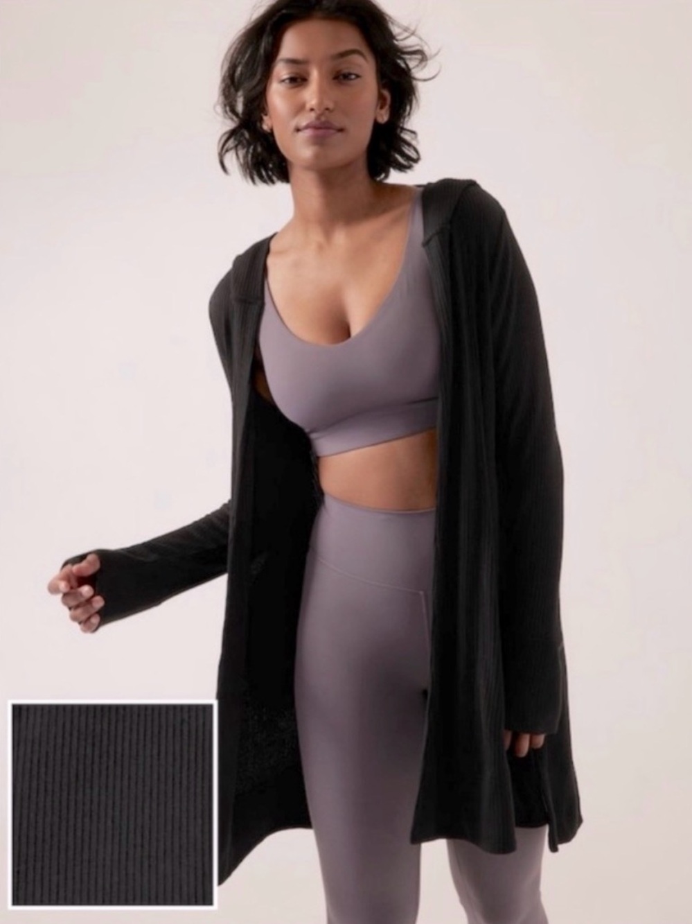 ATHLETA HARMONY POSE WRAP CARDIGAN SWEATER LONG DRAPED RIBBED KNIT HOODIE MED